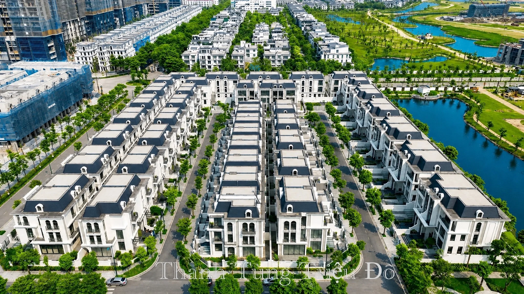 Toàn cảnh thực tế các dãy biệt thự khu P đã hoàn thiện đồng bộ mặt ngoài