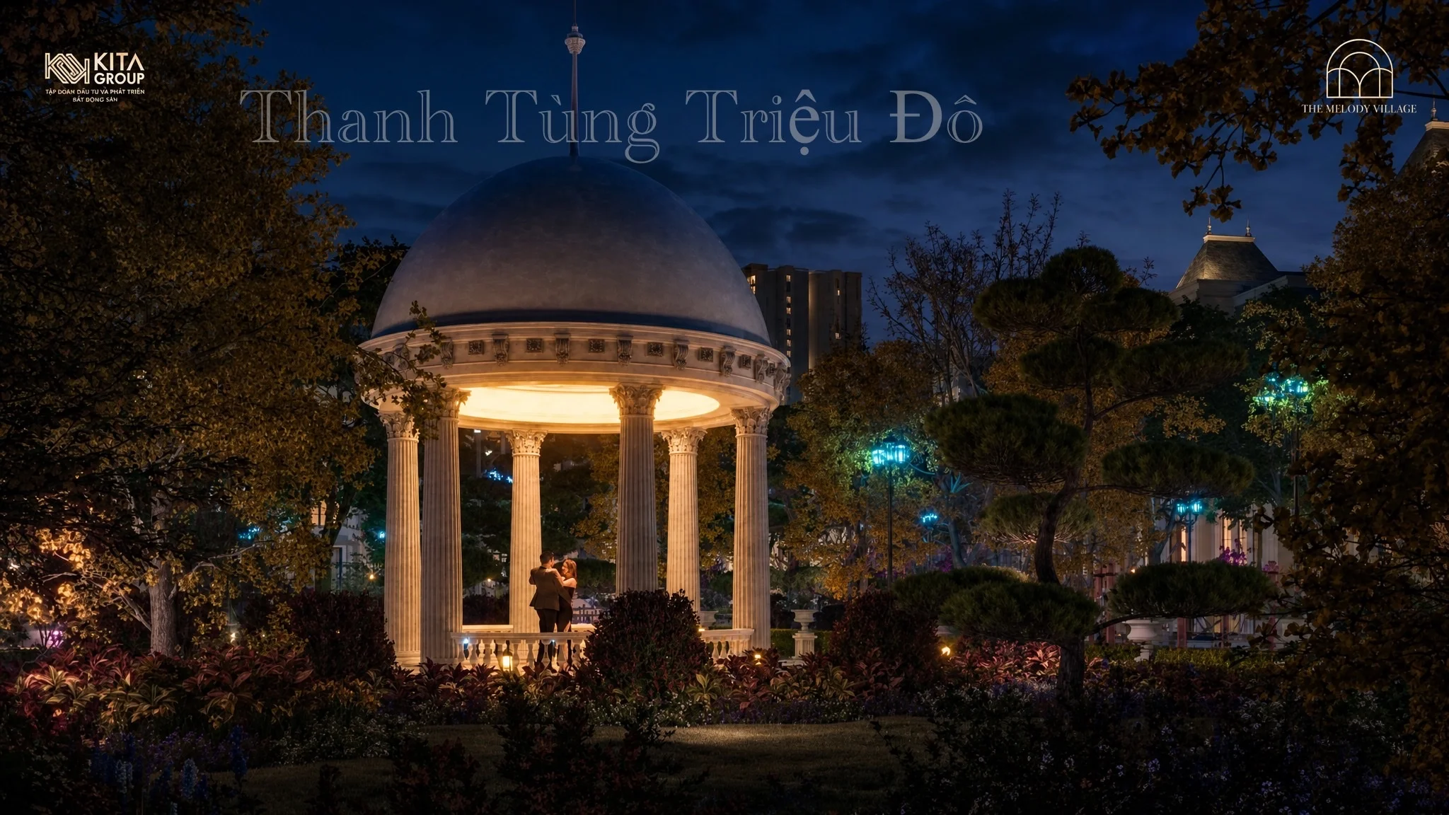 Tiện ích điểm nhấn đài phun nước nghệ thuật và chòi nghỉ chân cổ điển Địa Trung Hải tại Kita Ciputra