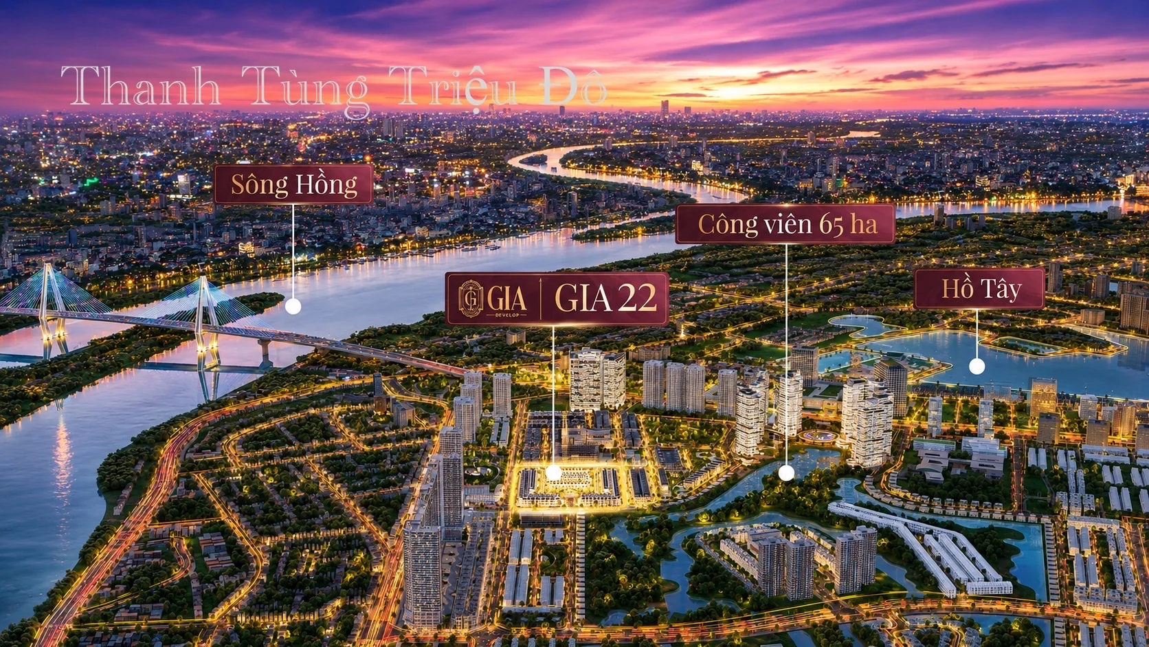 Phối cảnh quy hoạch tổng thể không gian xanh mướt dự án biệt thự GIA BY KITA Ciputra Tây Hồ nhìn từ trên cao